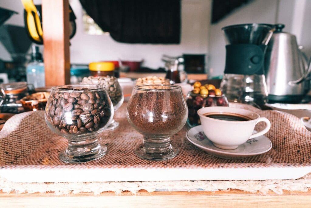 coffee beans, coffee, and a cup of coffee