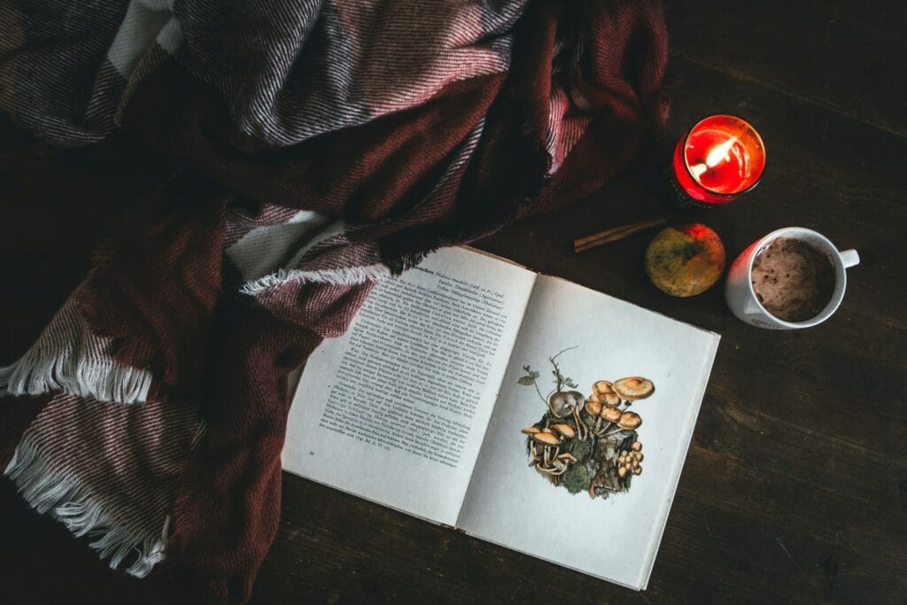 coffee and a book with mushroom image
